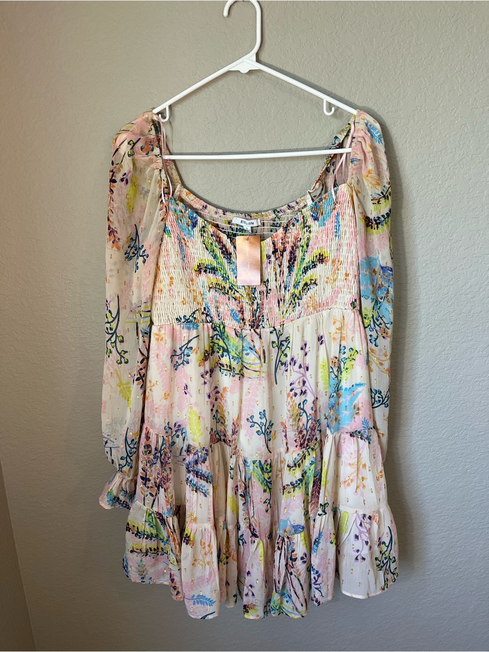 NWT BTFL-Life Sherbert Floral Smocked Tiered Mini Dress L beach Coastal